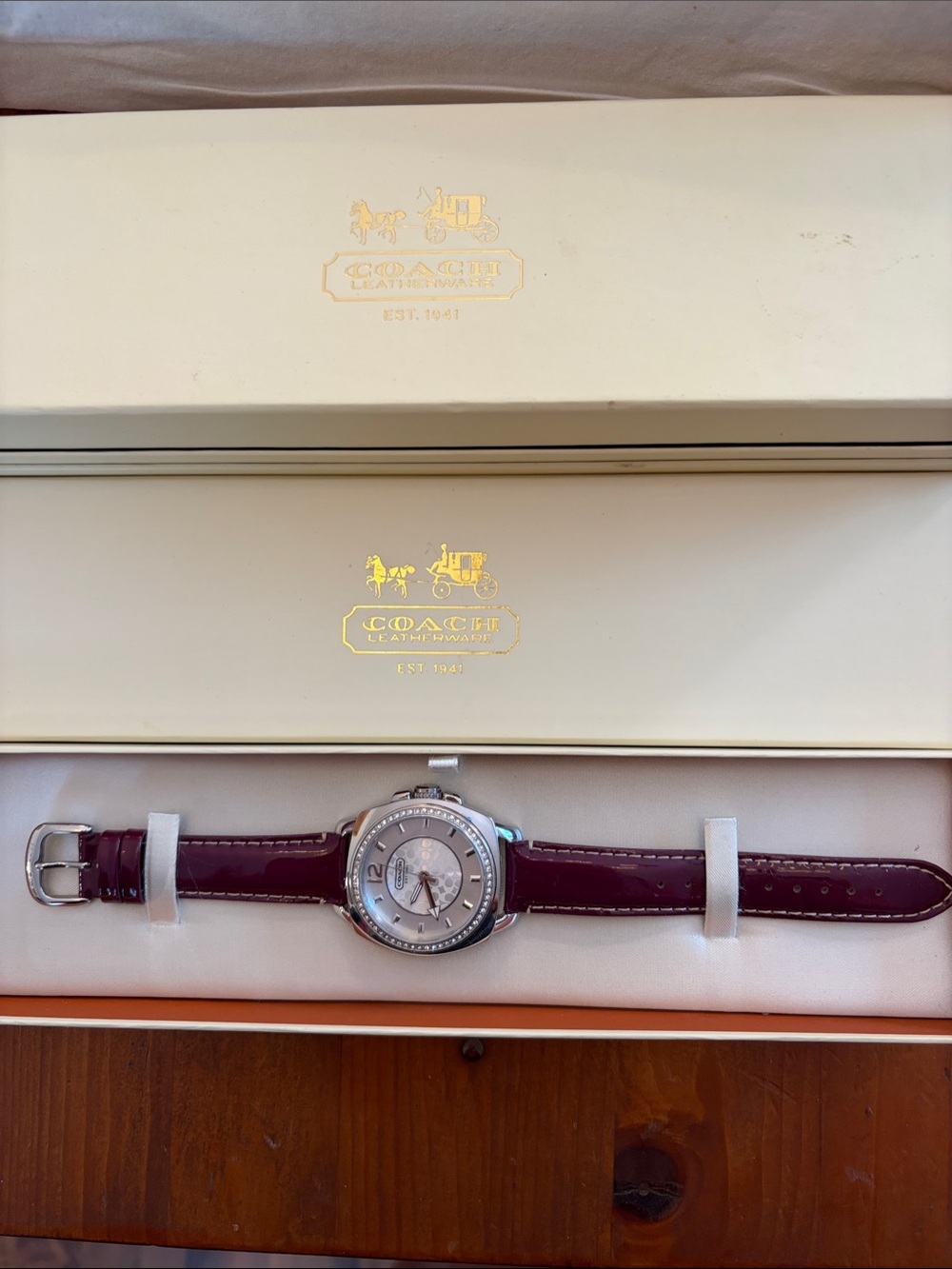 Coach Women's Plum Leather Strap Watch with Silver-Tone Case